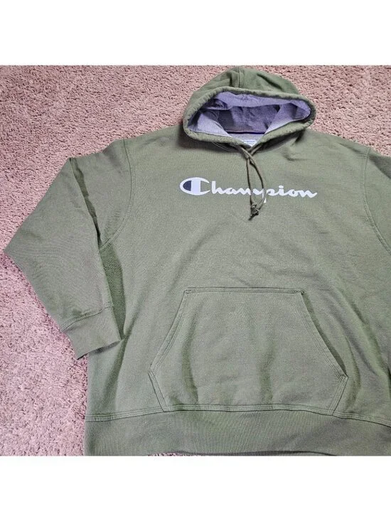 Champion Hoodie Mens 2XL Green Logo Graphic Print Pullover Sweatshirt - Picture 7 of 9